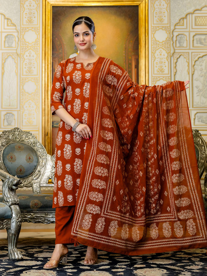 Rust Cotton Blend Printed Straight Suit Set