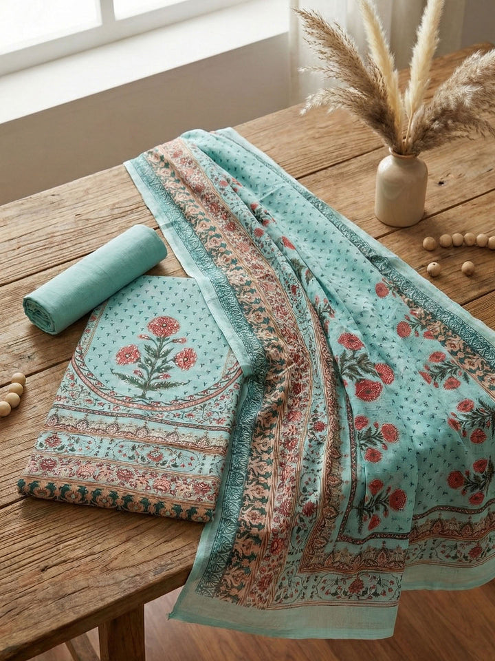 Embroidered Cotton Blend Unstitched Suit With Pant &amp; Dupatta