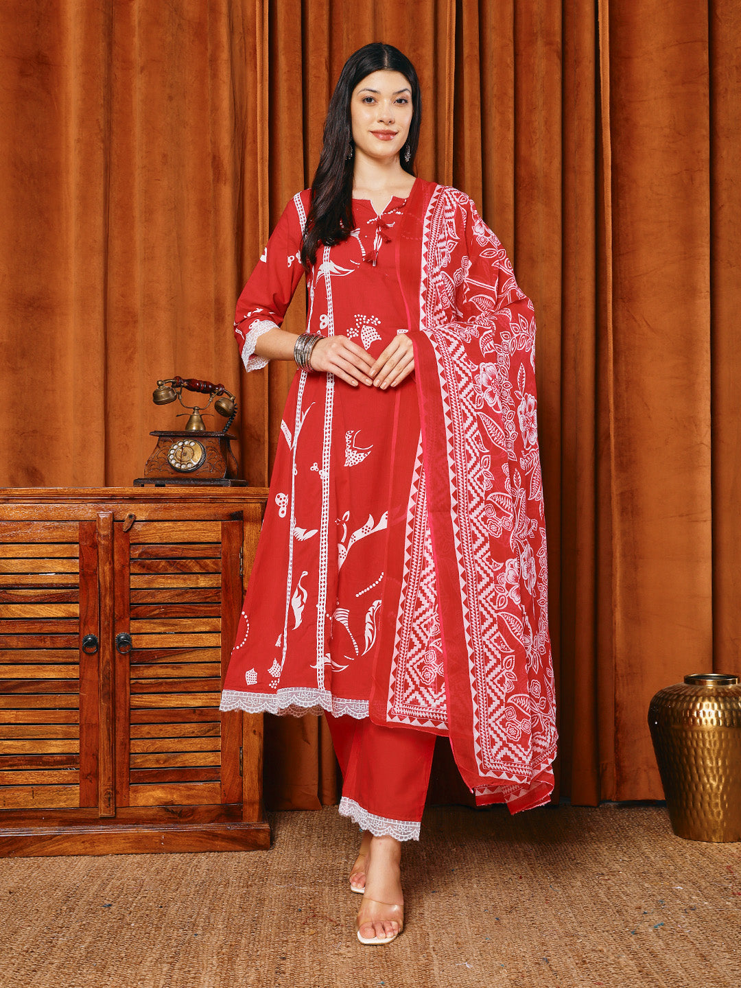 Printed Cotton Blend Kurta With Pants & Dupatta