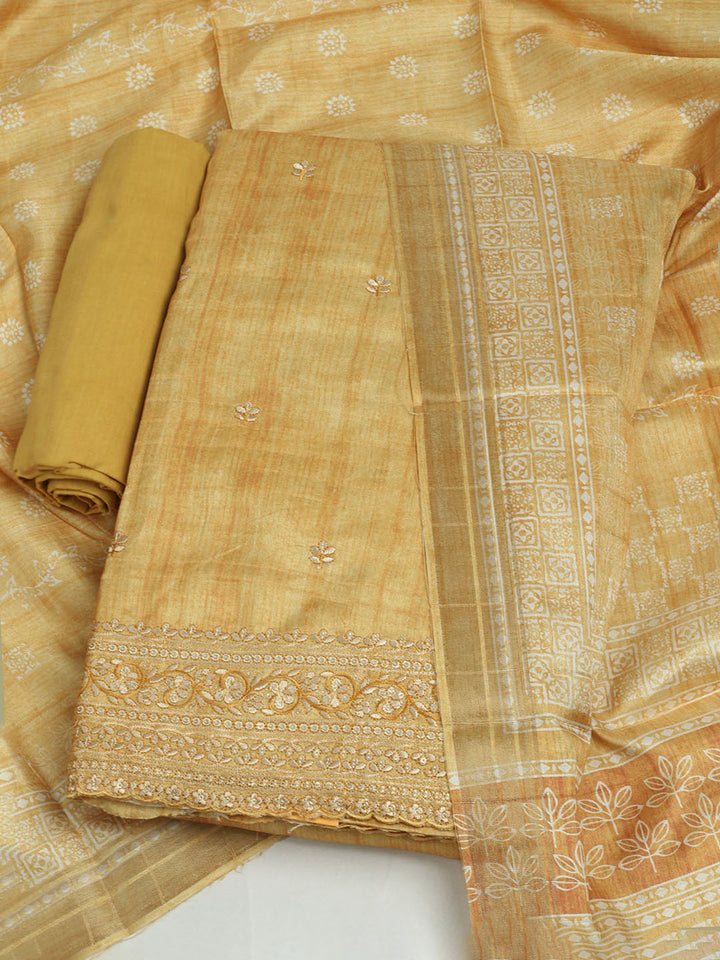 Embroidered Chanderi Unstitched Suit With Pant &amp; Dupatta