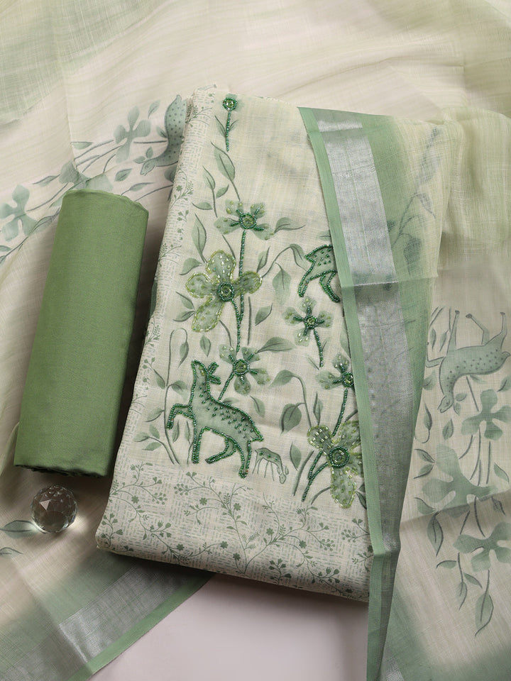 Printed Linen Blend Unstitched Suit With Pant &amp; Dupatta