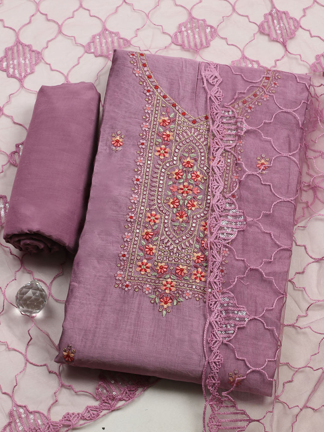 Embroidered Chanderi Unstitched Suit With Pant &amp; Dupatta
