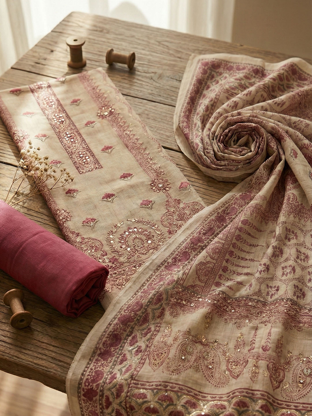 Embroidered Cotton Blend Unstitched Suit With Pant &amp; Dupatta