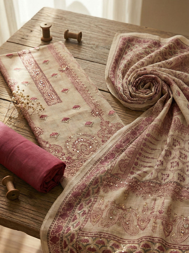 Embroidered Cotton Blend Unstitched Suit With Pant &amp; Dupatta