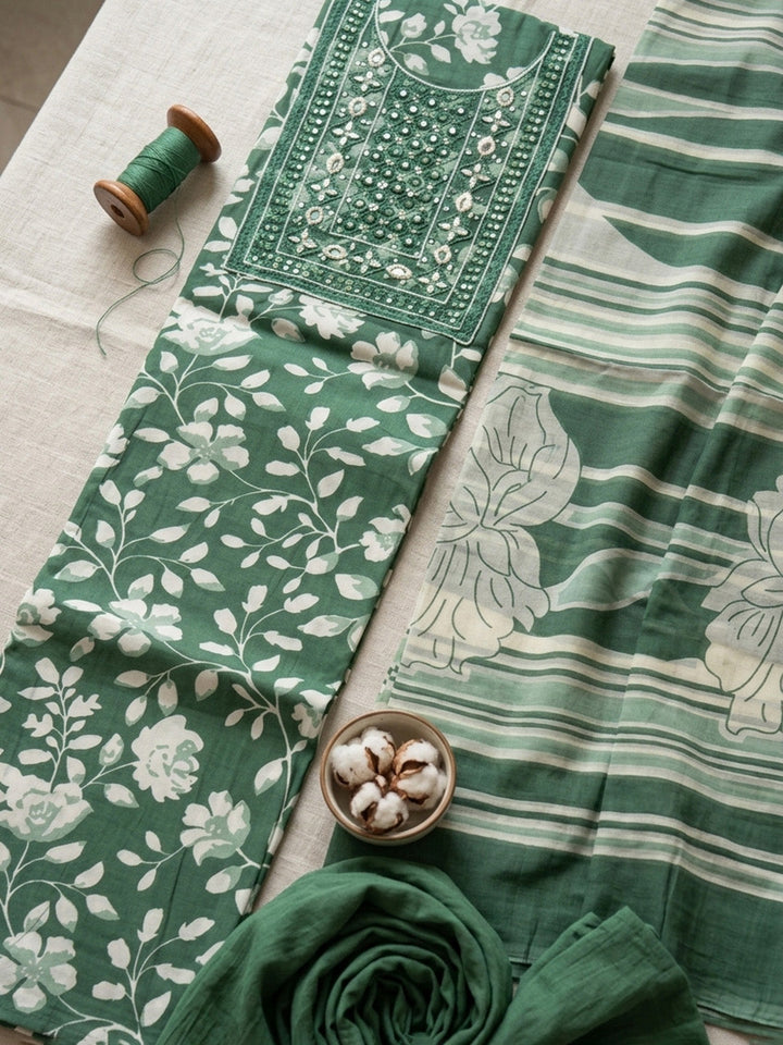 Embroidered Cotton Blend Unstitched Suit With Pant &amp; Dupatta