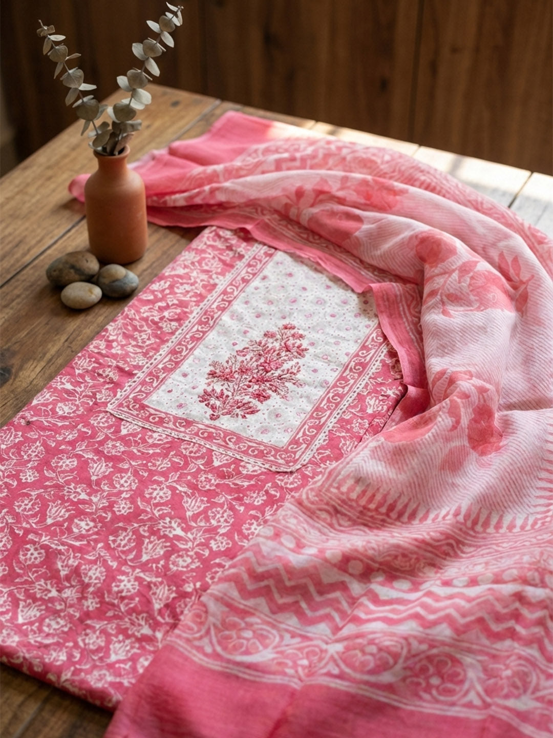 Embroidered Cotton Blend Unstitched Suit With Pant &amp; Dupatta