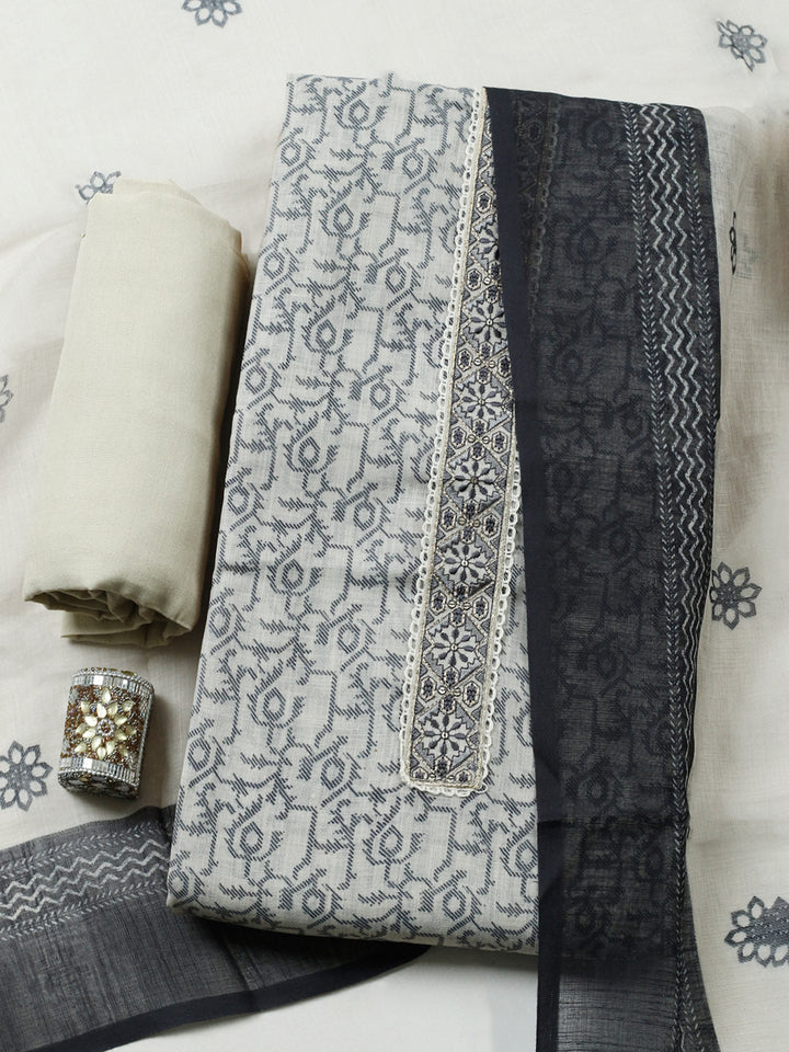Embroidered Linen Blend Unstitched Suit With Pant Dupatta