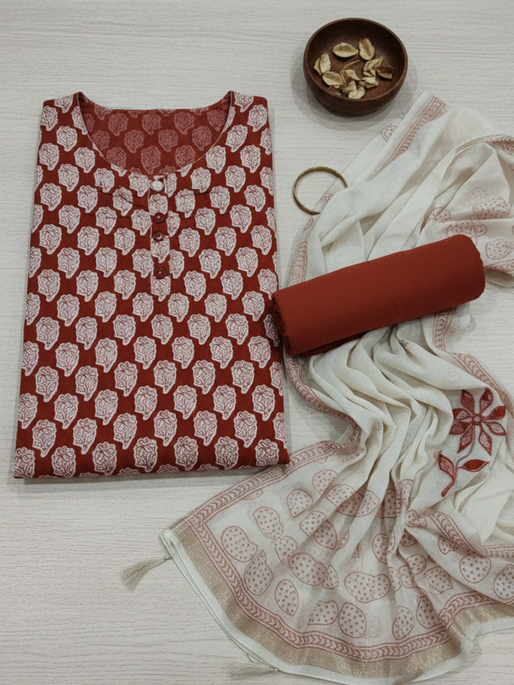 Printed Cotton Blend Unstitched Suit With Pant &amp; Dupatta