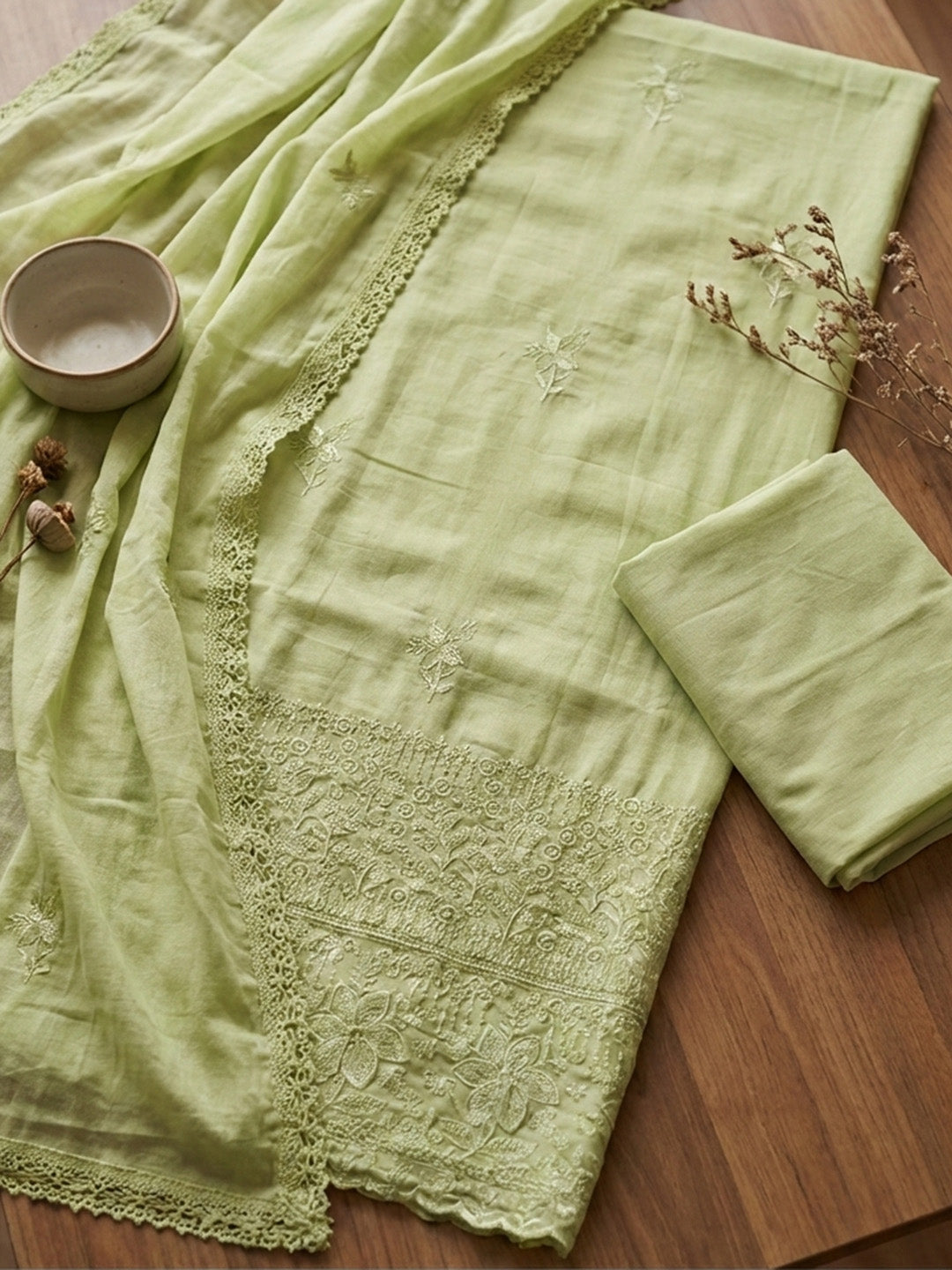 Embroidered Chanderi Unstitched Suit With Pant &amp; Dupatta