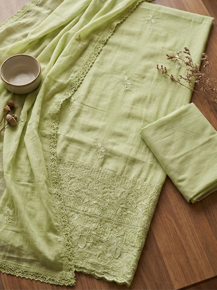 Embroidered Chanderi Unstitched Suit With Pant &amp; Dupatta