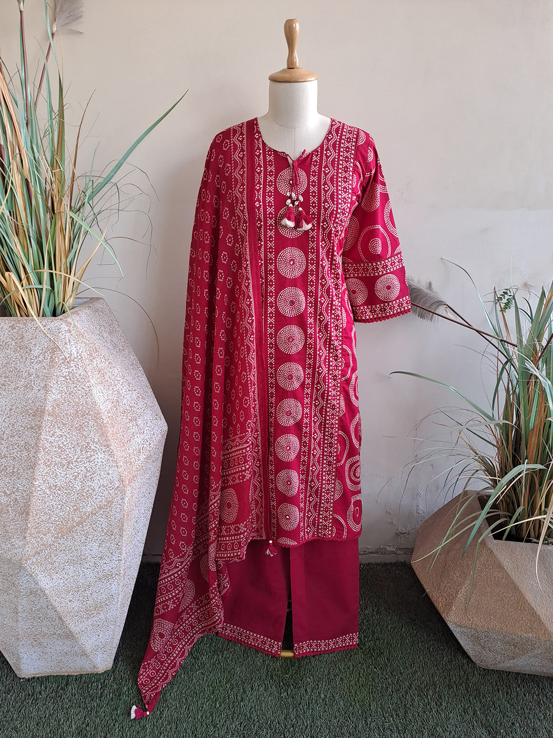 Printed Cotton Blend Kurta With Pants & Dupatta