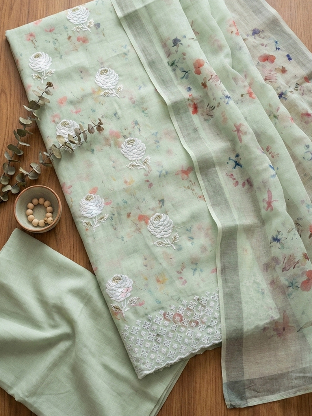 Embroidered Cotton Blend Unstitched Suit With Pant &amp; Dupatta
