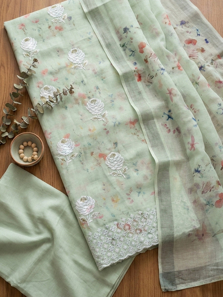 Embroidered Cotton Blend Unstitched Suit With Pant &amp; Dupatta
