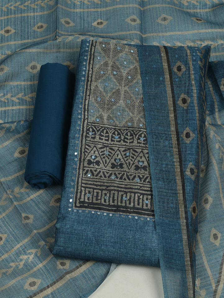 Printed Chanderi Unstitched Suit With Pant &amp; Dupatta