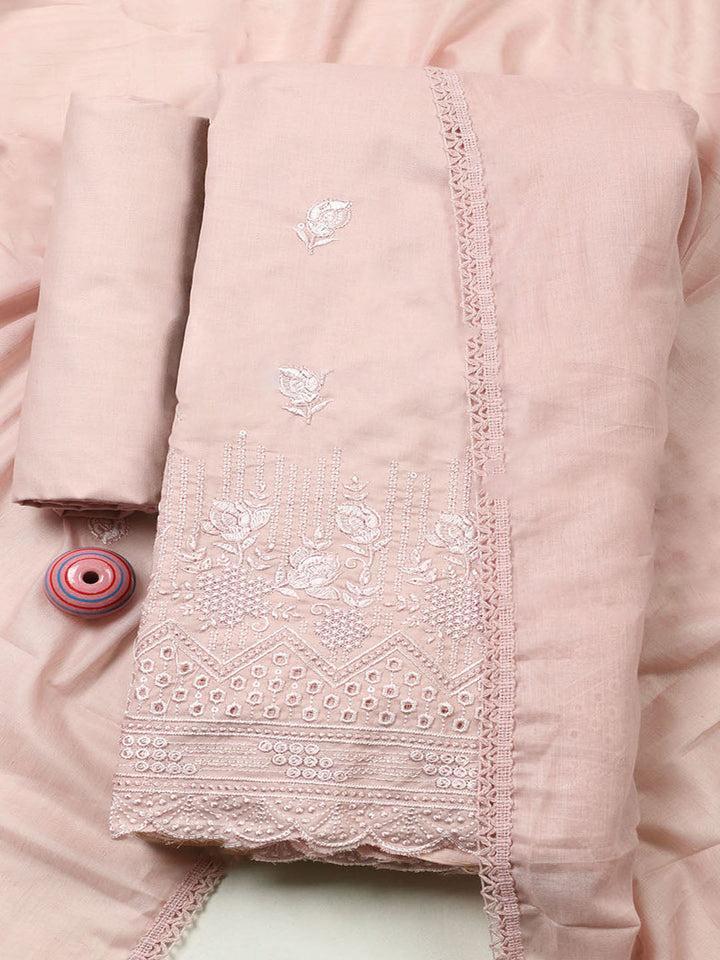 Embroidered Chanderi Unstitched Suit With Pant &amp; Dupatta