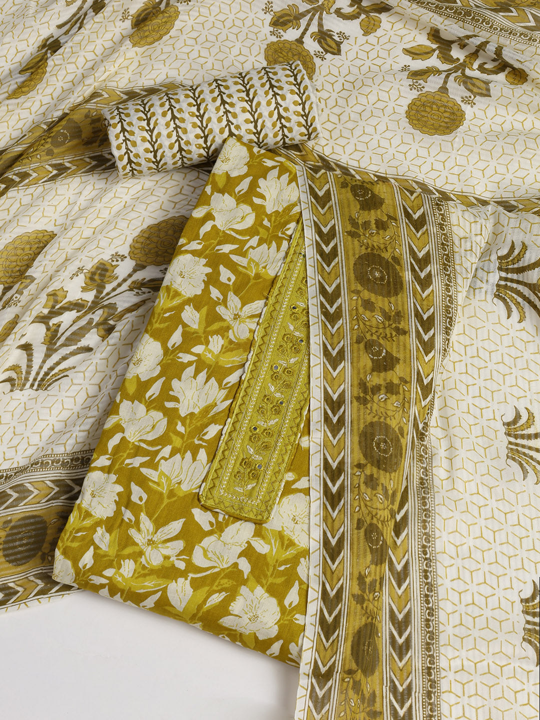 Patch Neck Cotton Blend Unstitched Suit With Dupatta