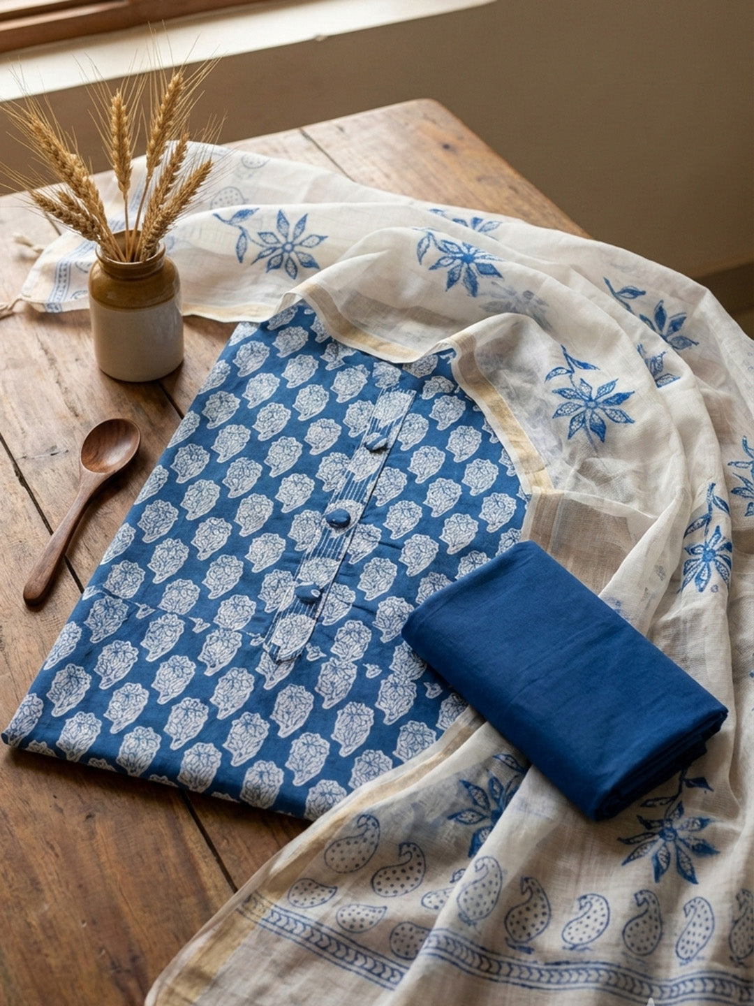 Printed Cotton Blend Unstitched Suit With Pant &amp; Dupatta