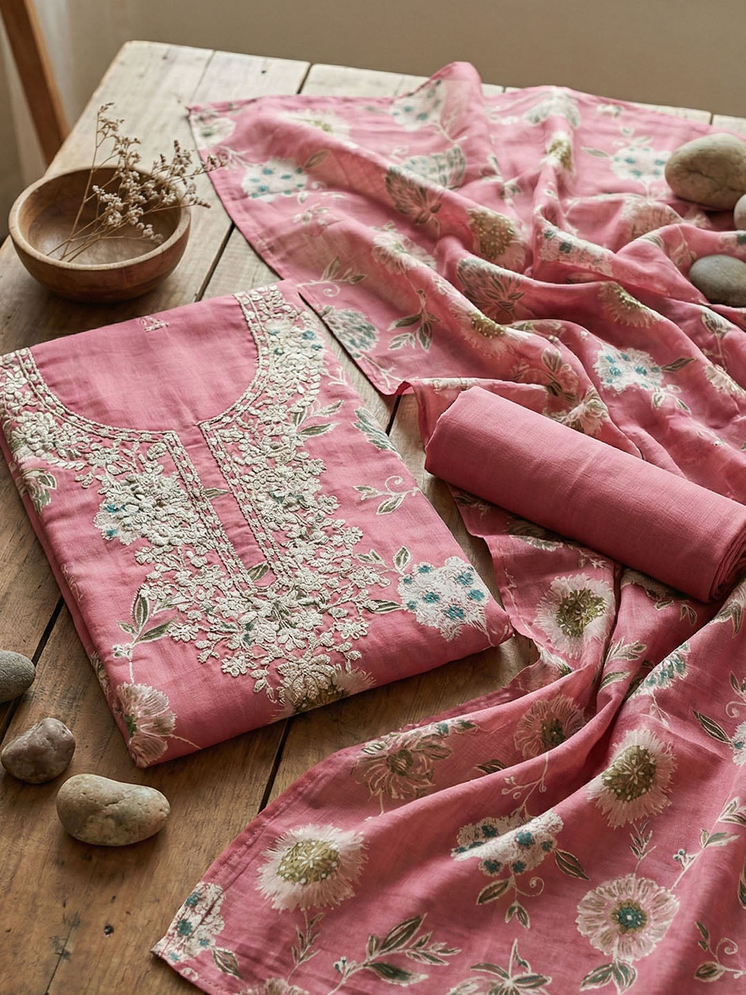 Embroidered Chanderi Unstitched Suit With Pant &amp; Dupatta
