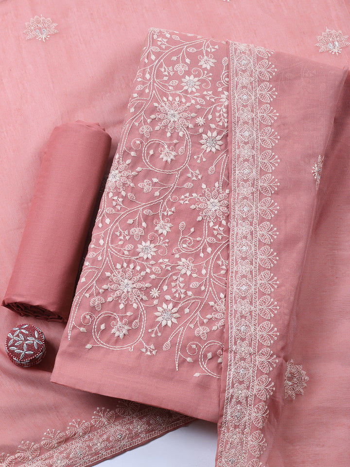 Embroidered Chanderi Unstitched Suit With Pant &amp; Dupatta
