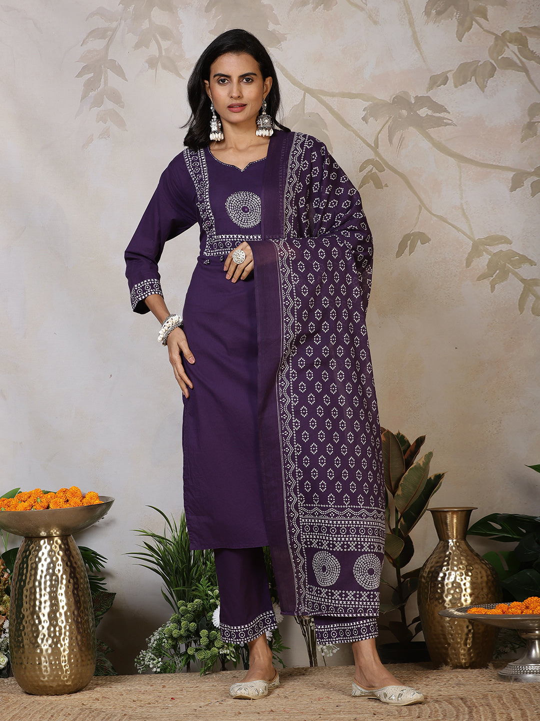 Printed Cotton Blend Kurta With Pants & Dupatta