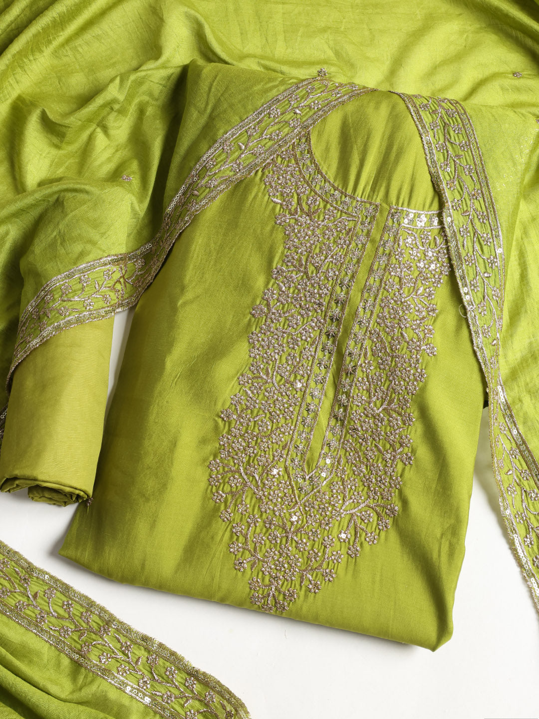 Neck Embroidered Chanderi Unstitched Suit With Dupatta