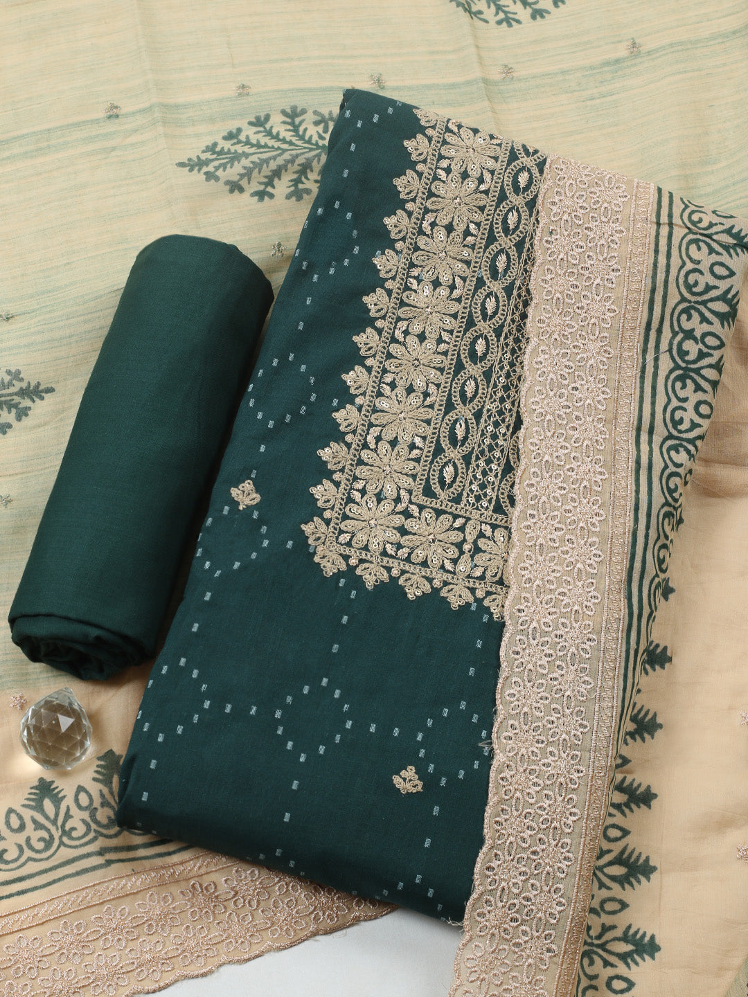 Embroidered Cotton Blend Unstitched Suit With Pant &amp; Dupatta