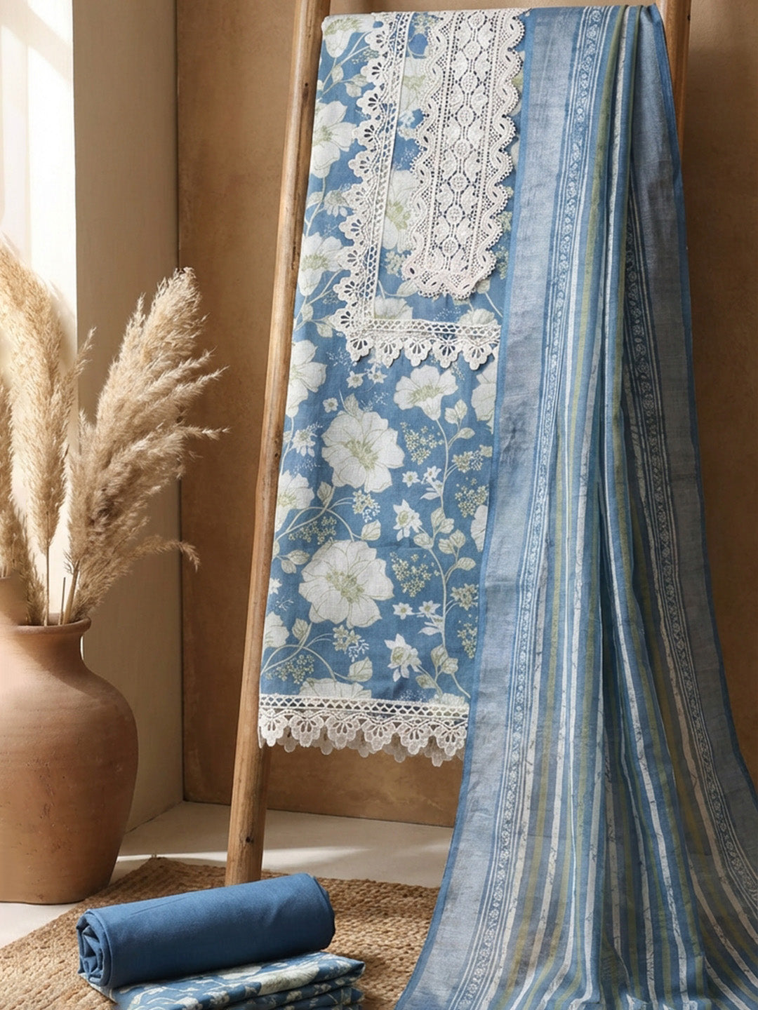 Embroidered Linen Blend Unstitched Suit With Pant &amp; Dupatta