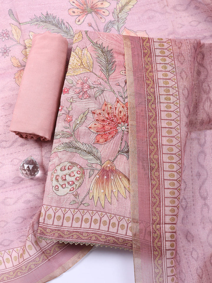 Embroidered Linen Blend Unstitched Suit With Pant Dupatta
