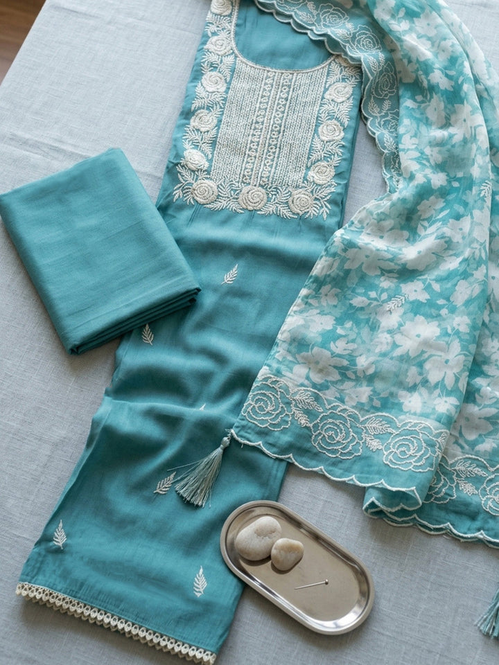 Embroidered Chanderi Unstitched Suit With Pant &amp; Dupatta