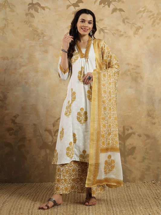 Neck Embroidery Cotton Blend Kurta With Pants & Dupatta