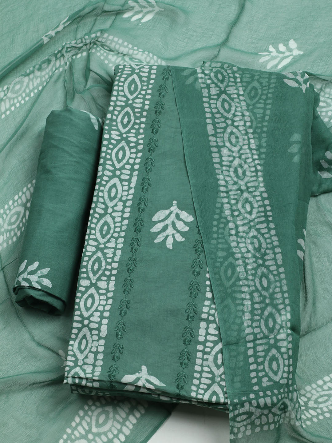 Printed Cotton Blend Unstitched Kurta With Pant & Dupatta