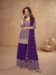 Embroidered Chinon Kurta With Plazzo & Dupatta