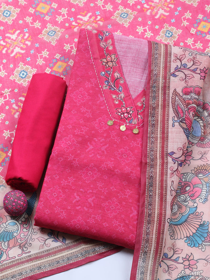 Embroidered Linen Blend Unstitched Suit With Pant &amp; Dupatta