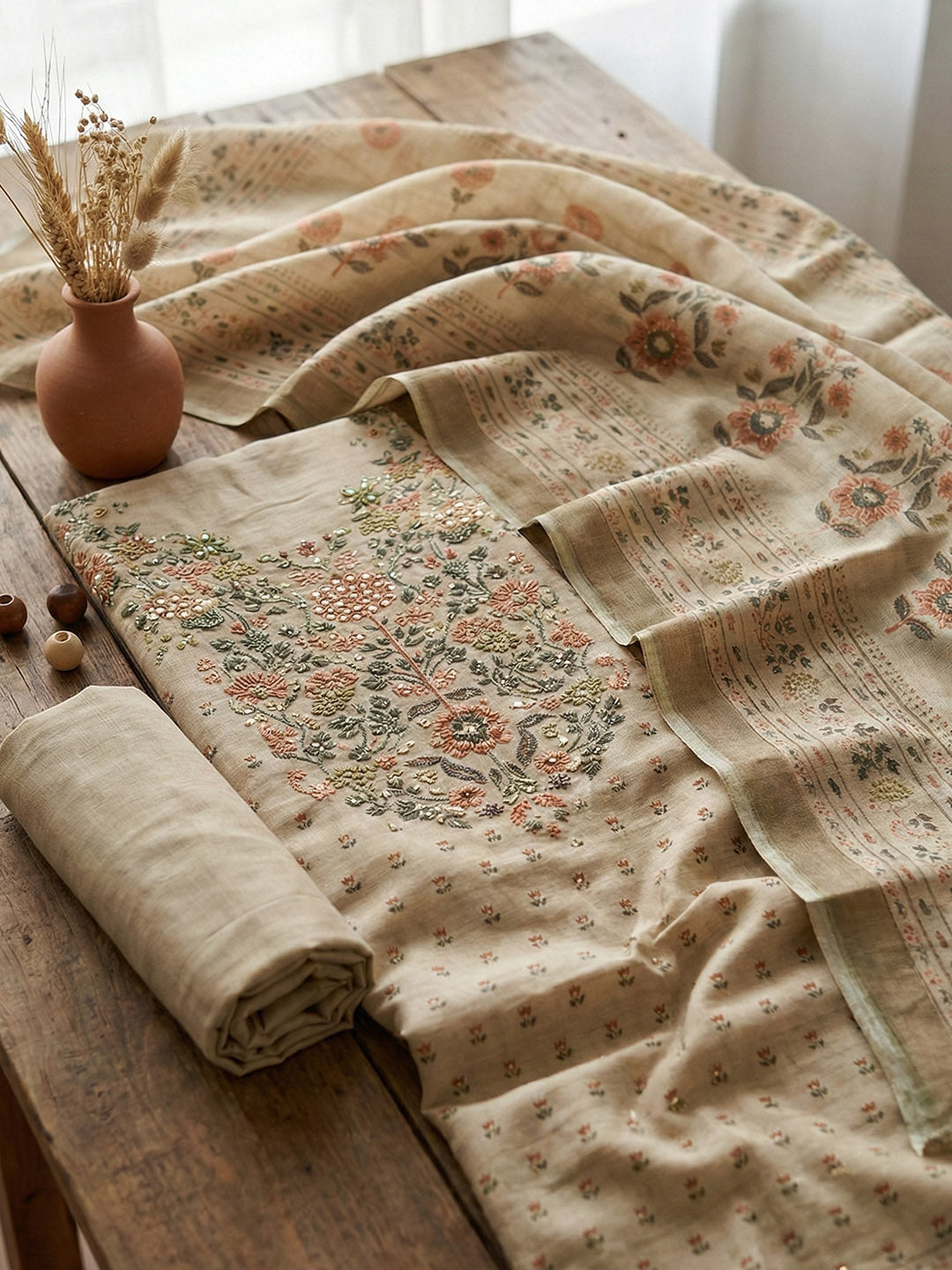 Embroidered Cotton Blend Unstitched Suit With Pant &amp; Dupatta