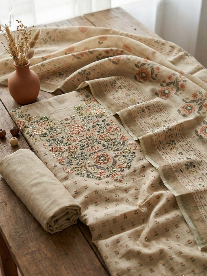 Embroidered Cotton Blend Unstitched Suit With Pant &amp; Dupatta