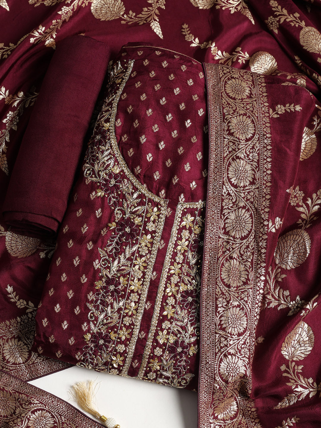 Neck Embroidered Chanderi Unstitched Suit With Dupatta