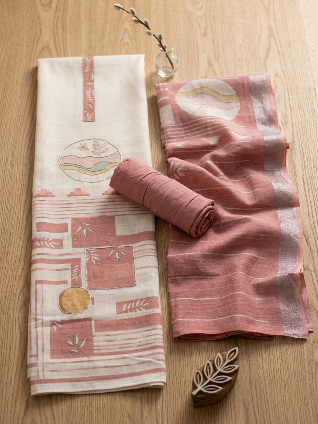Embroidered Linen Blend Unstitched Suit With Pant &amp; Dupatta