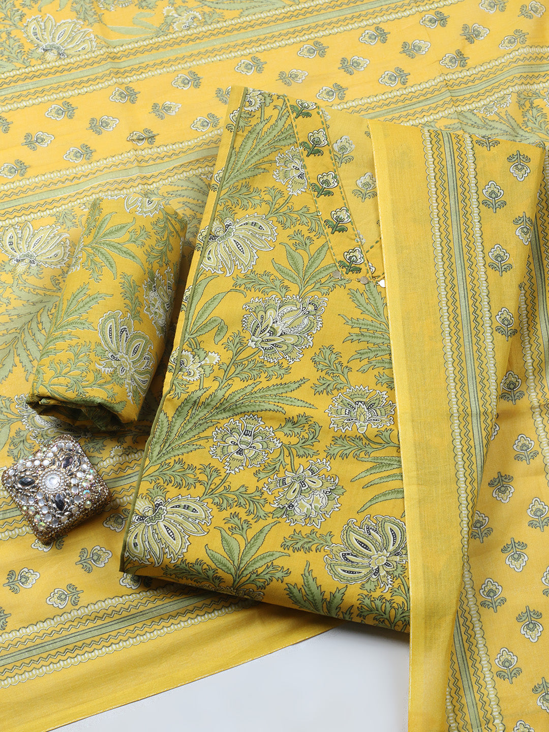 Printed Chanderi Unstitched Suit With Pant &amp; Dupatta