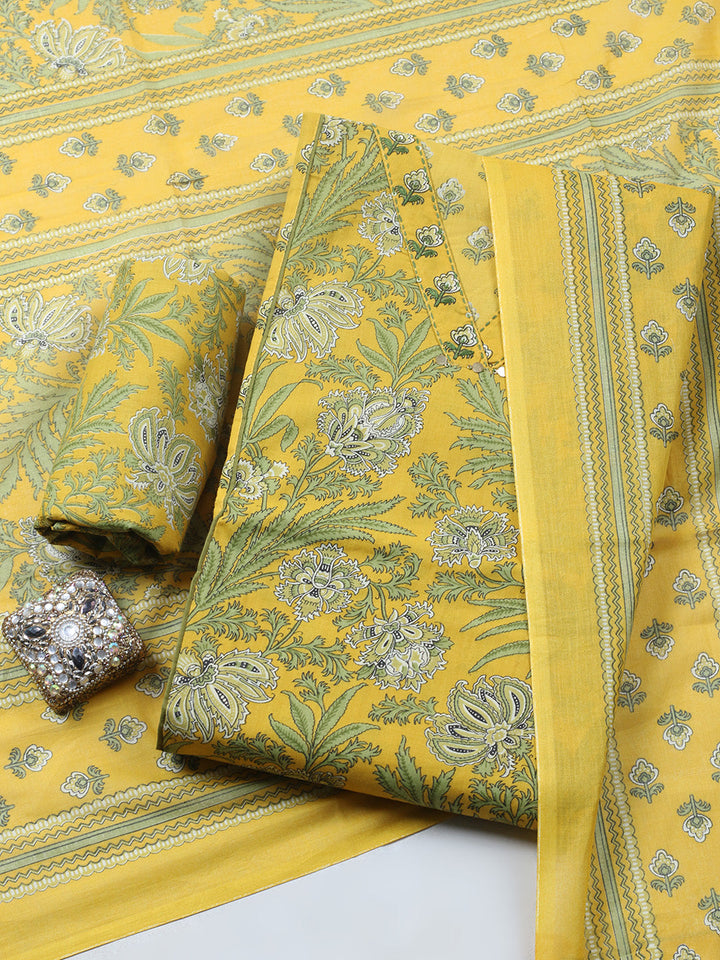 Printed Chanderi Unstitched Suit With Pant &amp; Dupatta