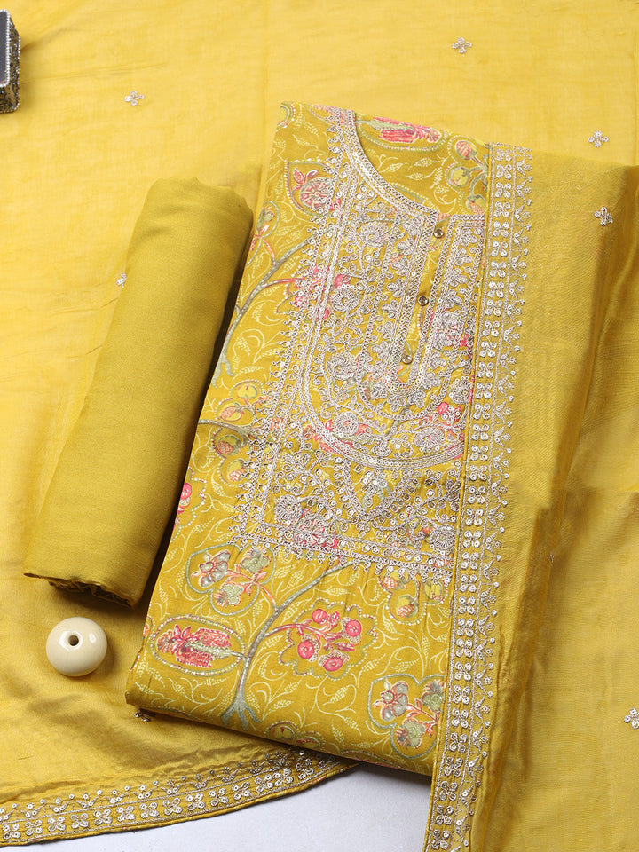 Printed Cotton Blend Unstitched Suit With Pant &amp; Dupatta