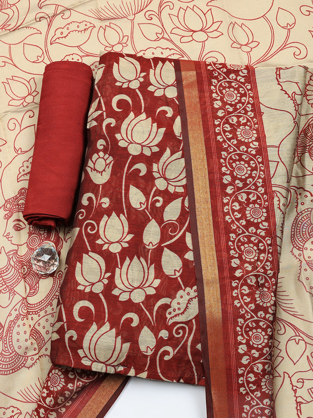 Printed Chanderi Unstitched Suit With Pant &amp; Dupatta