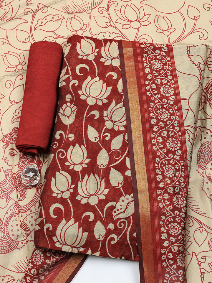 Printed Chanderi Unstitched Suit With Pant &amp; Dupatta