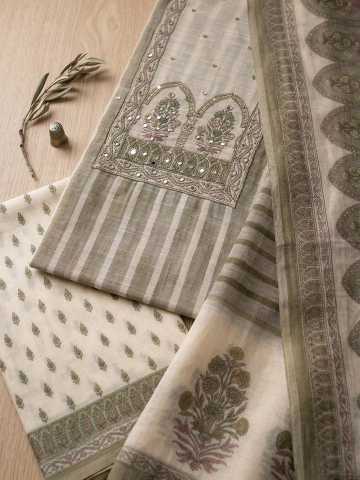 Printed Cotton Blend Unstitched Suit With Pant &amp; Dupatta