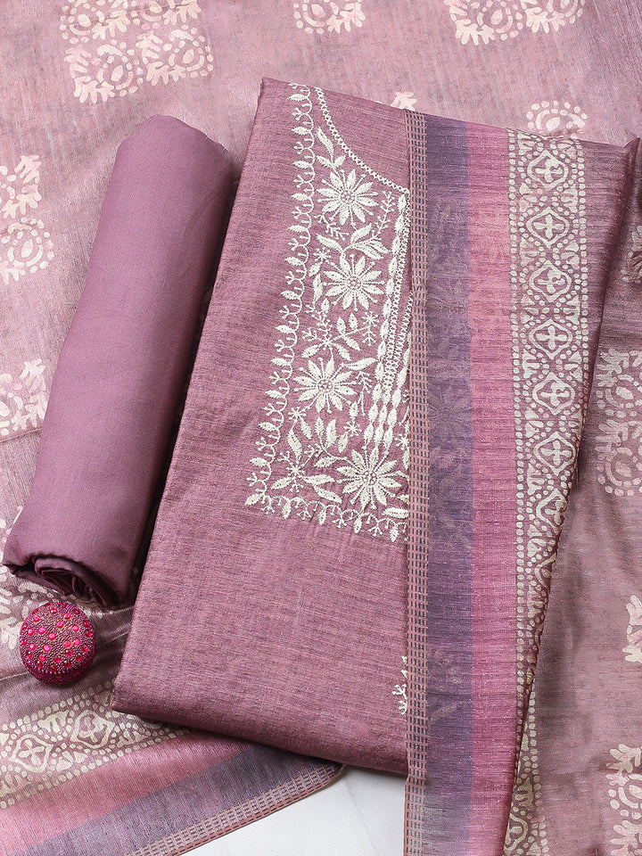 Embroidered Chanderi Unstitched Suit With Pant &amp; Dupatta