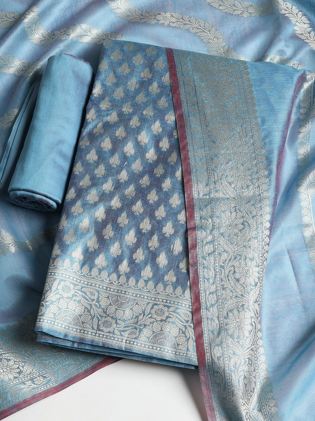 Woven Banarasi Chanderi Unstitched Suit With Dupatta