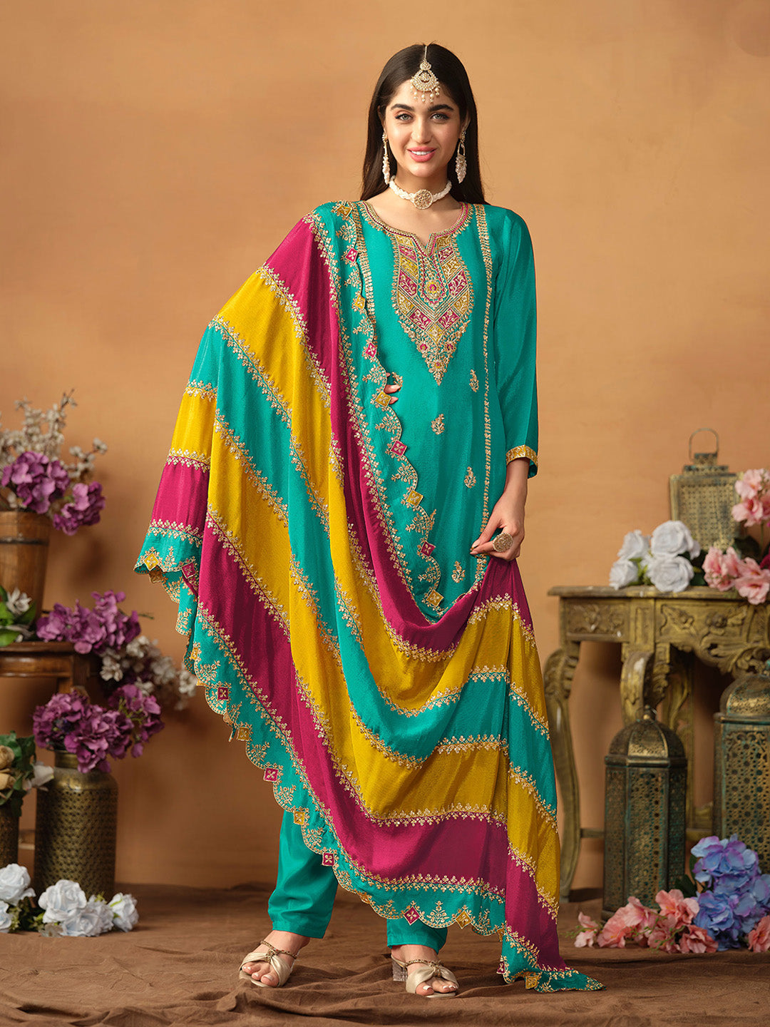 Embroidered Chinnon Silk Semi Stitched Kurta With Pant &amp; Dupatta