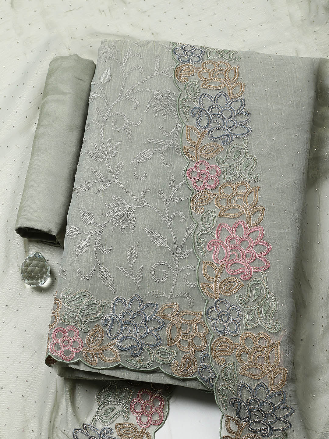 Embroidered Tissue Unstitched Suit With Pant &amp; Dupatta