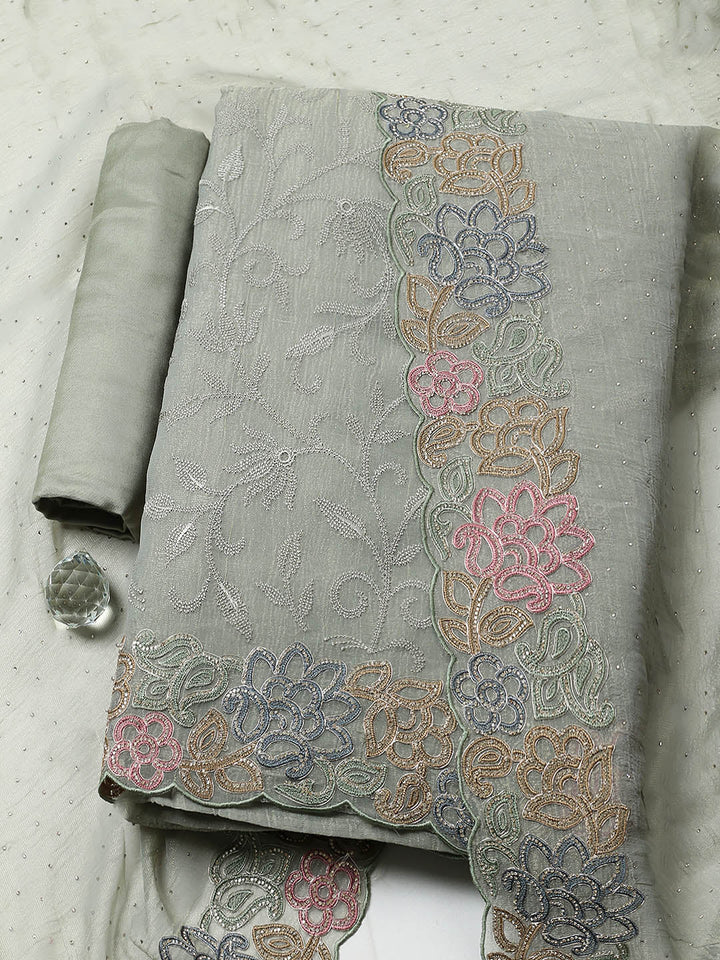 Embroidered Tissue Unstitched Suit With Pant &amp; Dupatta