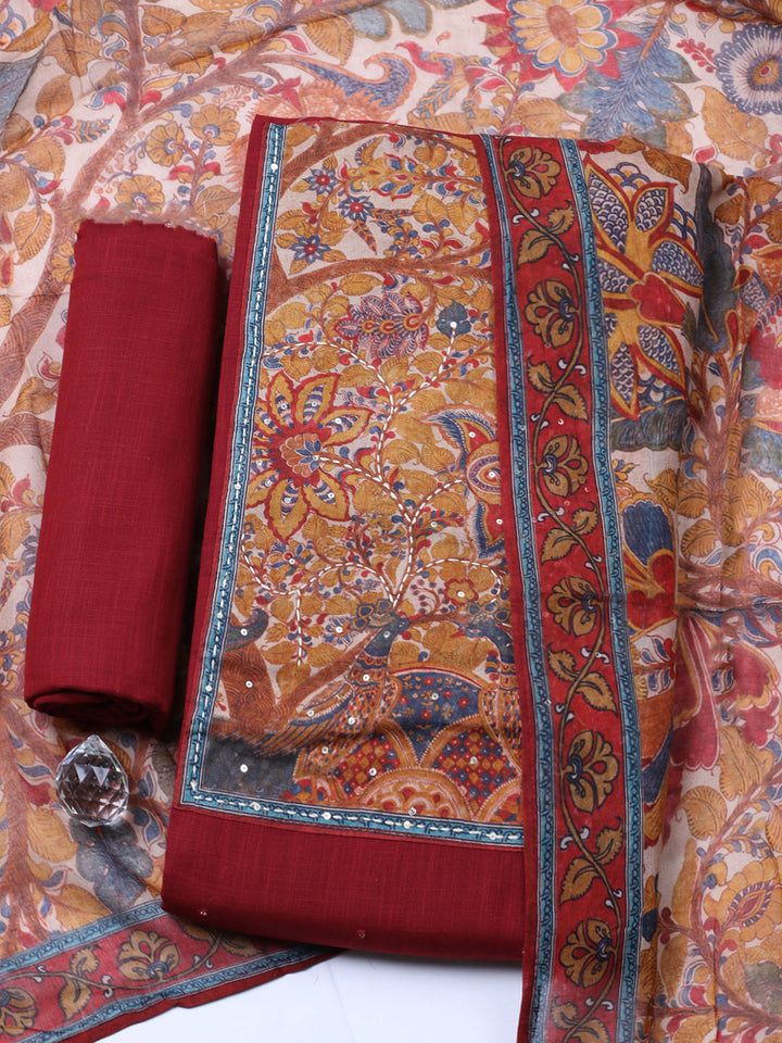 Printed Cotton Blend Unstitched Suit With Pant &amp; Dupatta