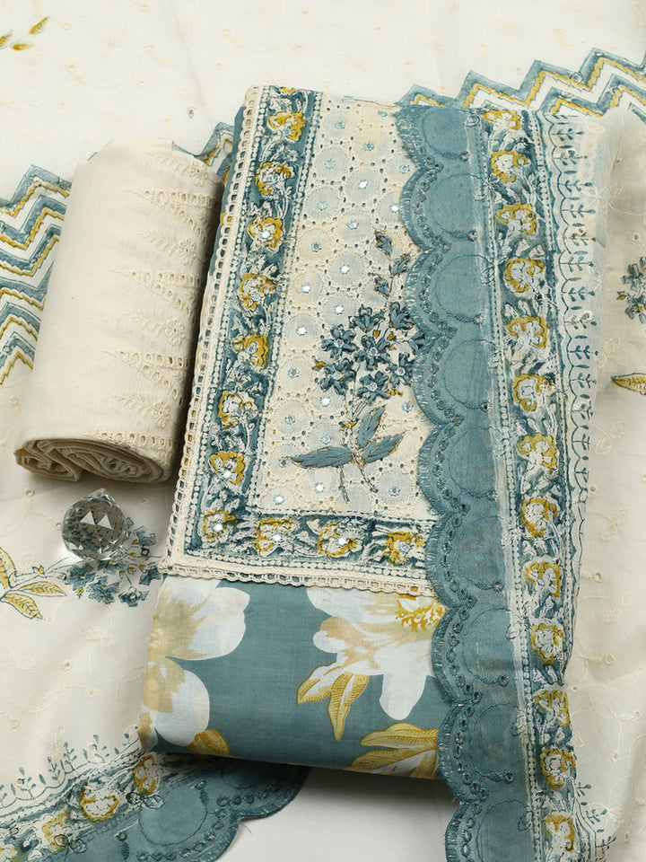 Printed Cotton Blend Unstitched Suit With Pant &amp; Dupatta